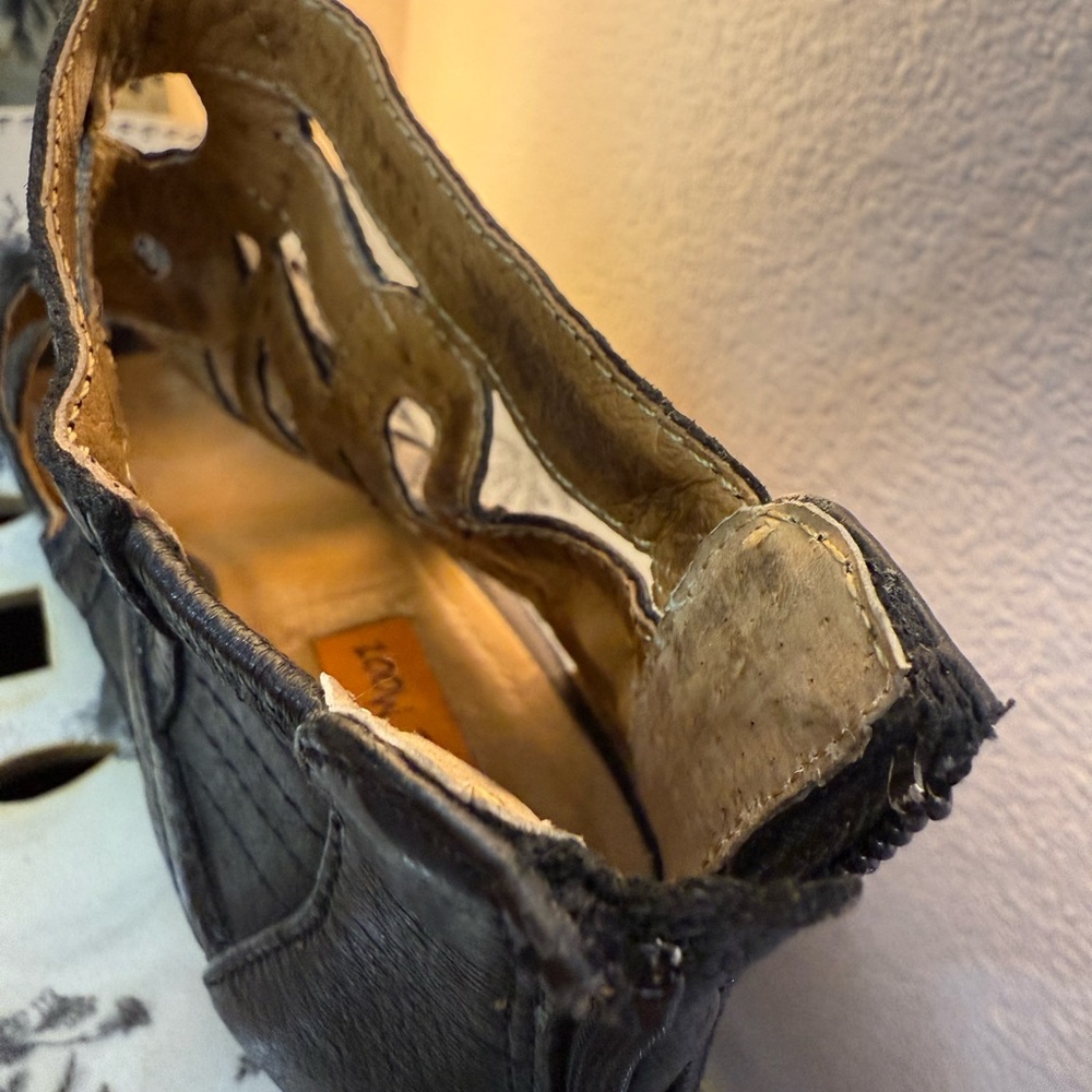 Miz Mooz 6 EUC Black Leather Tamara 3.5" Wedge Heel Sandal Back Zip zipper - Picture 10 of 16